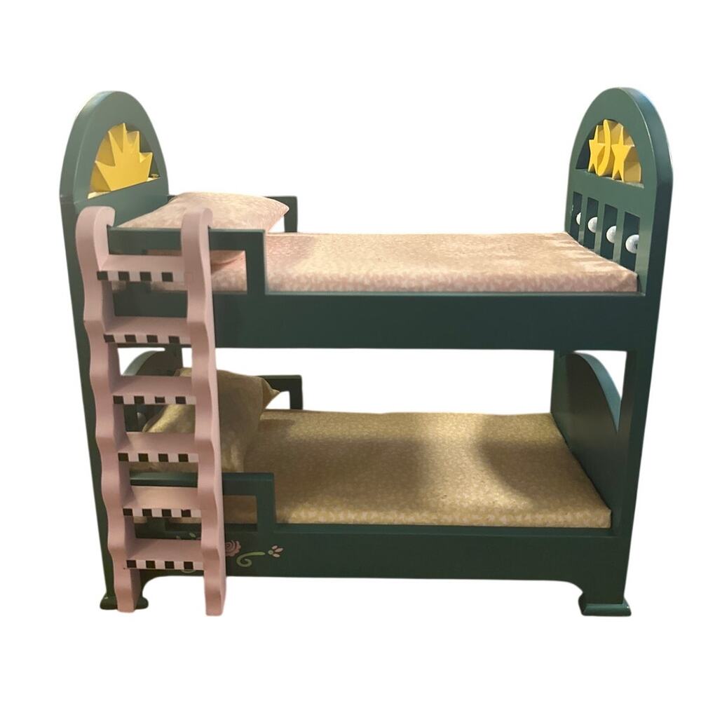 Vintage Handmade Doll Dollhouse Crib Bunk Bed Hand-Painted Ladder Wooden Green